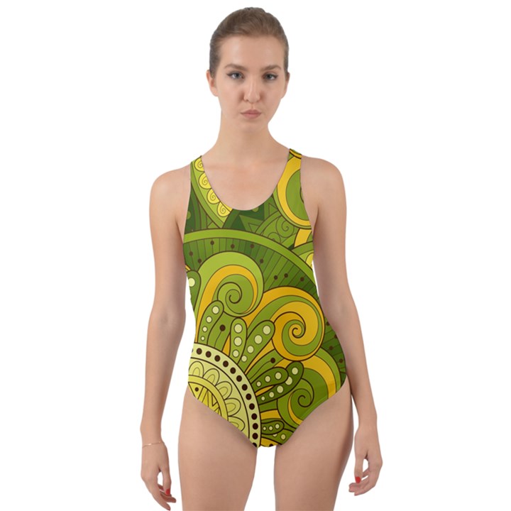 Doodles Patterns Ornament Vector Flowers Green Cut-Out Back One Piece Swimsuit