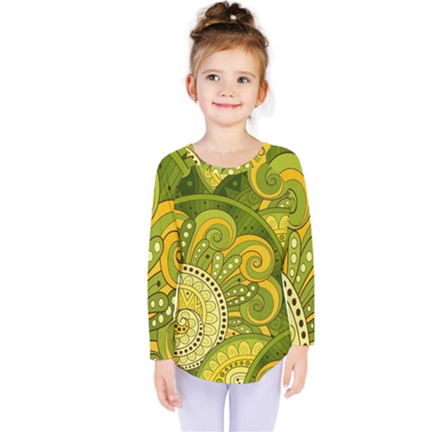 Doodles Patterns Ornament Vector Flowers Green Kids  Long Sleeve Tee by Jancukart