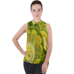 Doodles Patterns Ornament Vector Flowers Green Mock Neck Chiffon Sleeveless Top