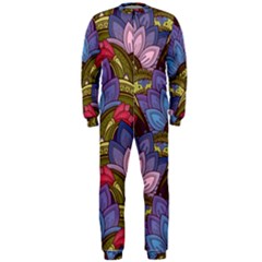 Purple Red And Green Flowers Digital Wallpaper Patterns Ornament Onepiece Jumpsuit (men)