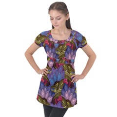 Purple Red And Green Flowers Digital Wallpaper Patterns Ornament Puff Sleeve Tunic Top