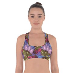 Purple Red And Green Flowers Digital Wallpaper Patterns Ornament Cross Back Sports Bra