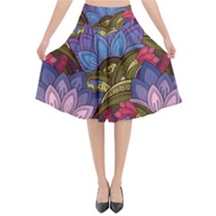 Purple Red And Green Flowers Digital Wallpaper Patterns Ornament Flared Midi Skirt