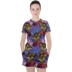 Purple Red And Green Flowers Digital Wallpaper Patterns Ornament Women s Tee And Shorts Set