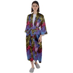 Purple Red And Green Flowers Digital Wallpaper Patterns Ornament Maxi Satin Kimono