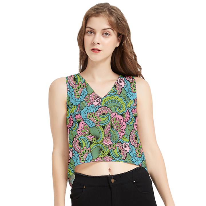 Background Texture Paisley Pattern V-Neck Cropped Tank Top