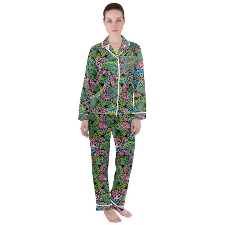 Background Texture Paisley Pattern Women s Long Sleeve Satin Pajamas Set	