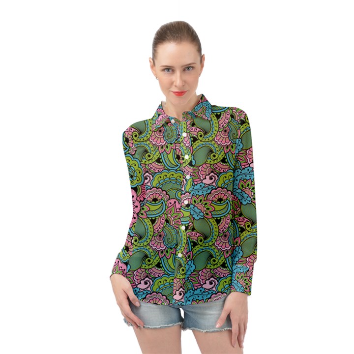 Background Texture Paisley Pattern Long Sleeve Chiffon Shirt