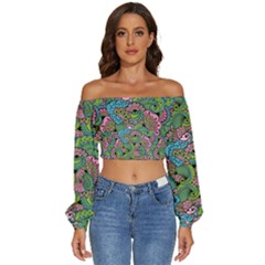 Background Texture Paisley Pattern Long Sleeve Crinkled Weave Crop Top