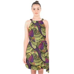 Pattern Vector Texture Style Garden Drawn Hand Floral Halter Collar Waist Tie Chiffon Dress