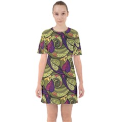 Pattern Vector Texture Style Garden Drawn Hand Floral Sixties Short Sleeve Mini Dress