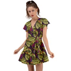 Pattern Vector Texture Style Garden Drawn Hand Floral Flutter Sleeve Wrap Dress