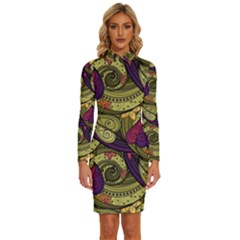 Pattern Vector Texture Style Garden Drawn Hand Floral Long Sleeve Shirt Collar Bodycon Dress by Jancukart