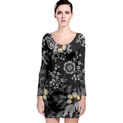 White And Yellow Floral And Paisley Illustration Background Long Sleeve Bodycon Dress