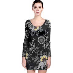 White And Yellow Floral And Paisley Illustration Background Long Sleeve Velvet Bodycon Dress