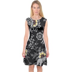 White And Yellow Floral And Paisley Illustration Background Capsleeve Midi Dress