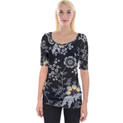 White And Yellow Floral And Paisley Illustration Background Wide Neckline Tee