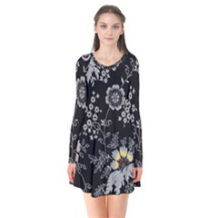 White And Yellow Floral And Paisley Illustration Background Long Sleeve V-neck Flare Dress