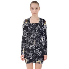 White And Yellow Floral And Paisley Illustration Background V-neck Bodycon Long Sleeve Dress