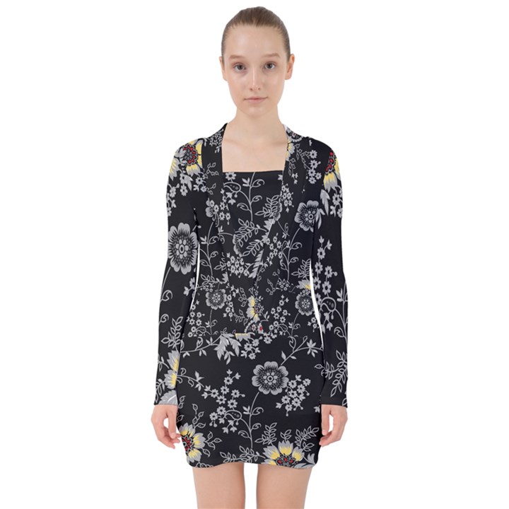 White And Yellow Floral And Paisley Illustration Background V-neck Bodycon Long Sleeve Dress