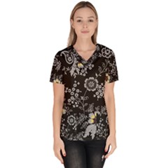 White And Yellow Floral And Paisley Illustration Background Women s V-neck Scrub Top