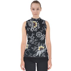 White And Yellow Floral And Paisley Illustration Background Mock Neck Shell Top