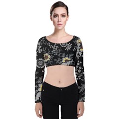 White And Yellow Floral And Paisley Illustration Background Velvet Long Sleeve Crop Top