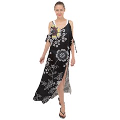 White And Yellow Floral And Paisley Illustration Background Maxi Chiffon Cover Up Dress