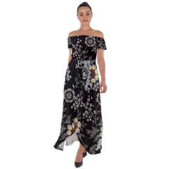 White And Yellow Floral And Paisley Illustration Background Off Shoulder Open Front Chiffon Dress