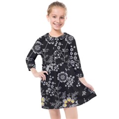 White And Yellow Floral And Paisley Illustration Background Kids  Quarter Sleeve Shirt Dress