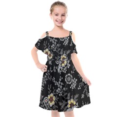 White And Yellow Floral And Paisley Illustration Background Kids  Cut Out Shoulders Chiffon Dress