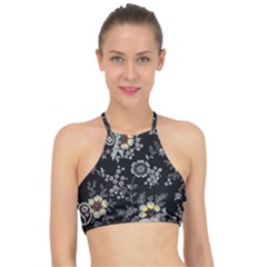 White And Yellow Floral And Paisley Illustration Background Racer Front Bikini Top