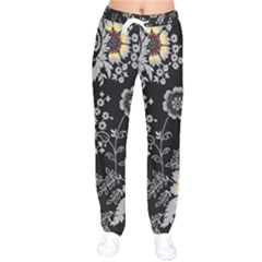 White And Yellow Floral And Paisley Illustration Background Women Velvet Drawstring Pants