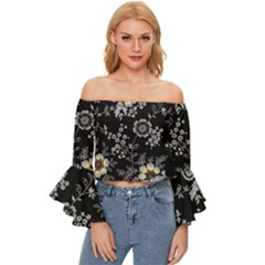 White And Yellow Floral And Paisley Illustration Background Off Shoulder Flutter Bell Sleeve Top