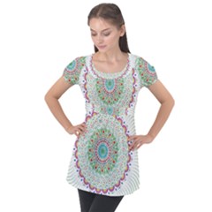 Flower Abstract Floral Hand Ornament Hand Drawn Mandala Puff Sleeve Tunic Top by Jancukart