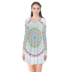 Flower Abstract Floral Hand Ornament Hand Drawn Mandala Long Sleeve V-neck Flare Dress