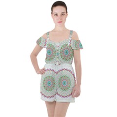 Flower Abstract Floral Hand Ornament Hand Drawn Mandala Ruffle Cut Out Chiffon Playsuit