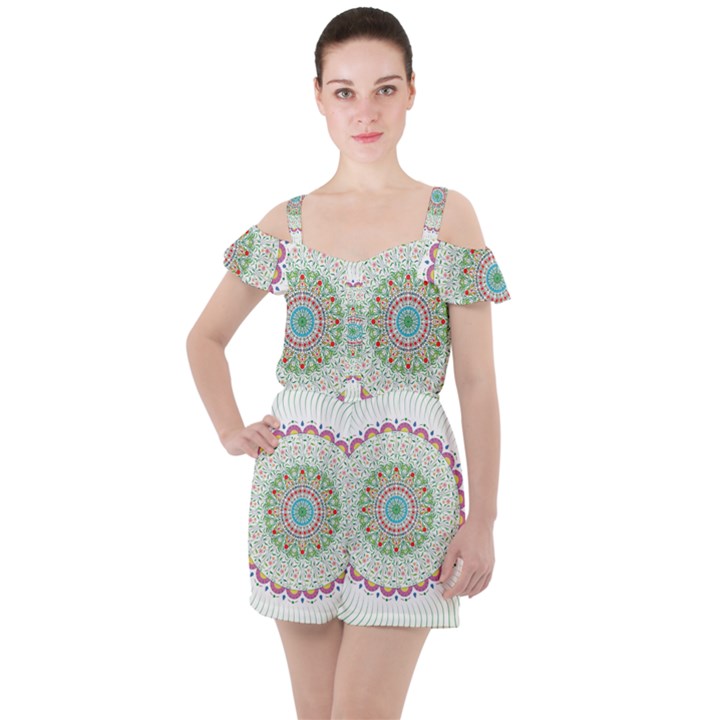 Flower Abstract Floral Hand Ornament Hand Drawn Mandala Ruffle Cut Out Chiffon Playsuit