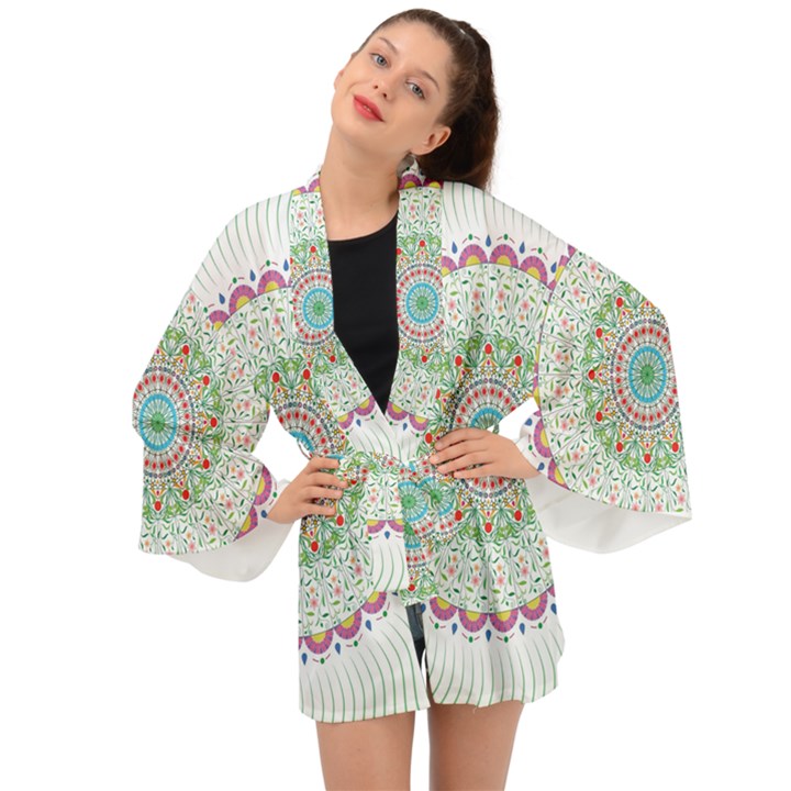 Flower Abstract Floral Hand Ornament Hand Drawn Mandala Long Sleeve Kimono