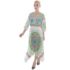 Flower Abstract Floral Hand Ornament Hand Drawn Mandala Quarter Sleeve Wrap Front Maxi Dress