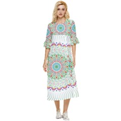 Flower Abstract Floral Hand Ornament Hand Drawn Mandala Double Cuff Midi Dress