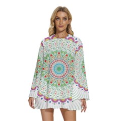 Flower Abstract Floral Hand Ornament Hand Drawn Mandala Round Neck Long Sleeve Bohemian Style Chiffon Mini Dress