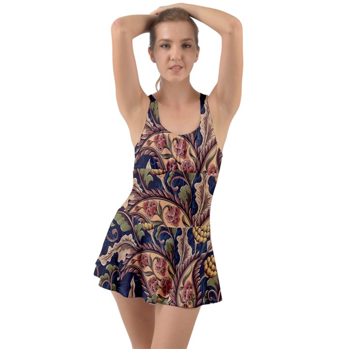 Leaves Flowers Background Texture Paisley Ruffle Top Dress Swimsuit