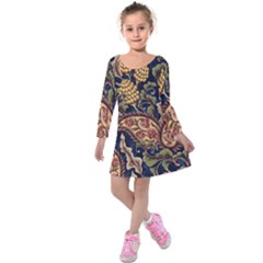 Leaves Flowers Background Texture Paisley Kids  Long Sleeve Velvet Dress by Jancukart