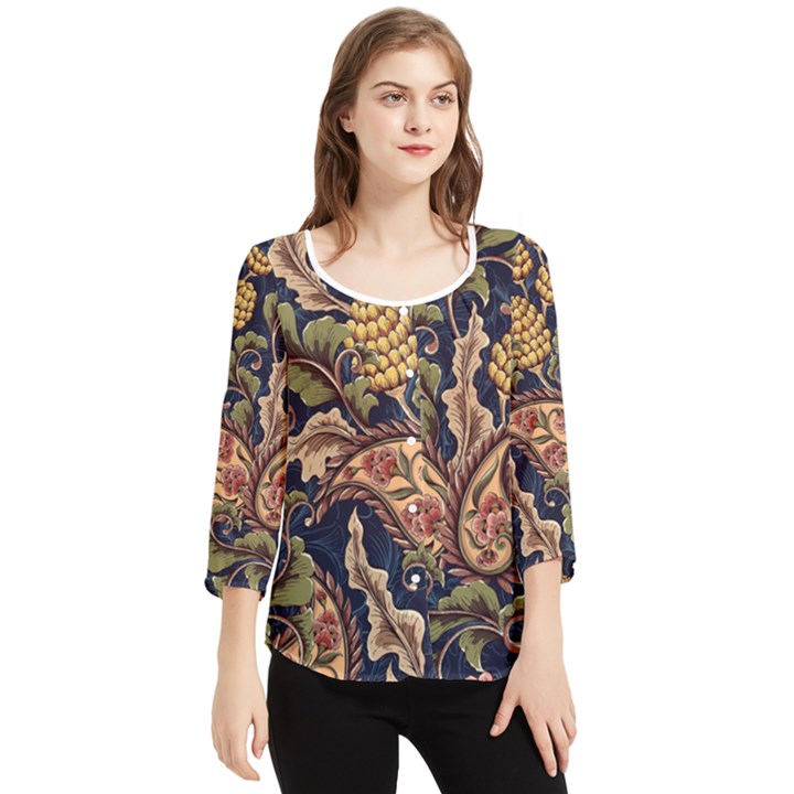 Leaves Flowers Background Texture Paisley Chiffon Quarter Sleeve Blouse