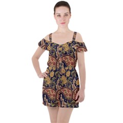 Leaves Flowers Background Texture Paisley Ruffle Cut Out Chiffon Playsuit