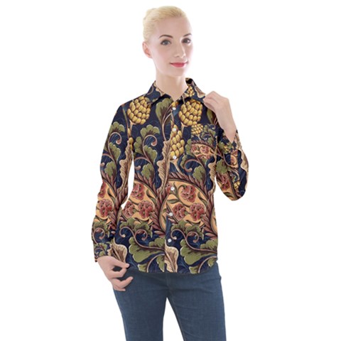 Leaves Flowers Background Texture Paisley Women s Long Sleeve Pocket Shirt by Jancukart