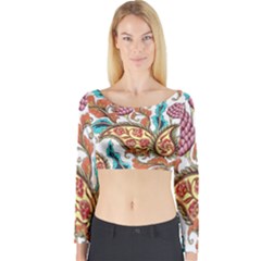 Flowers Pattern Texture White Background Paisley Long Sleeve Crop Top