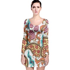 Flowers Pattern Texture White Background Paisley Long Sleeve Velvet Bodycon Dress