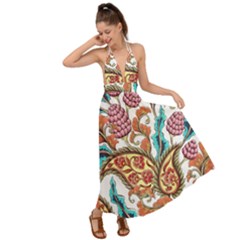 Flowers Pattern Texture White Background Paisley Backless Maxi Beach Dress